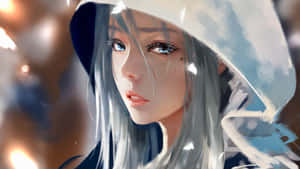 銀髮藍眼動漫女孩，戴著帽子，柔和燈光背景。