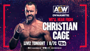 摔角手 Christian Cage 為 AEW Dynamite 電視宣傳片擺姿勢，帶有紅色邊框和紫色背景。