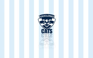 Geelong Cats運動標誌在藍白條紋背景上，帶有倒影。 — 可愛貓咪 壁紙
