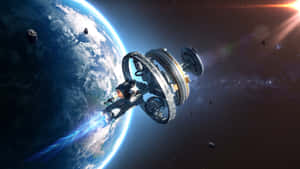 未來主義太空站繞地球運行，帶有發光引擎和漂浮的小行星。 — 地球 壁紙