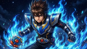 動漫戰士身穿藍色鎧甲，被藍色火焰包圍，在星空下手持旋轉的戰鬥陀螺