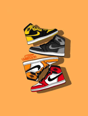 四款不同配色的 Air Jordan 1 運動鞋漂浮在橙色背景上。