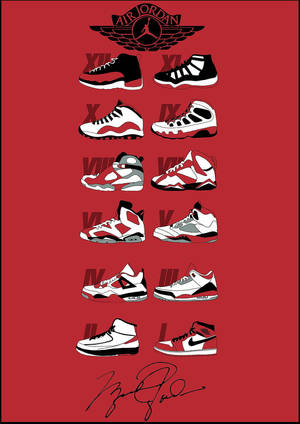 十對Air Jordan運動鞋垂直顯示在紅色背景上，帶有Jumpman標誌和簽名。
