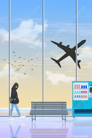 一個人穿過機場客運大樓，有長椅和自動售賣機，一架飛機飛過頭頂。