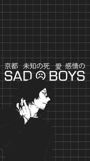 動漫男孩低頭手放在頭上，背景為網格，帶有悲傷文字。