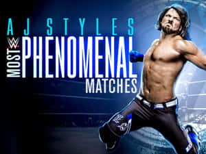 WWE摔角手AJ Styles在擂台內擺出戰鬥姿勢，並附有宣傳文字。