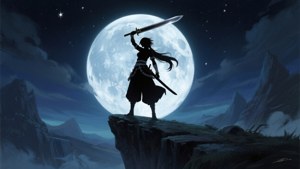 一個戰士站在懸崖上，在滿月和星星下高舉劍。