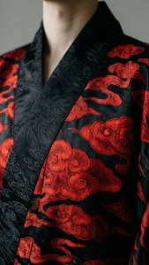 黑色絲綢長袍，帶有紅色雲紋刺繡和灰色花卉細節，由一個人穿著
