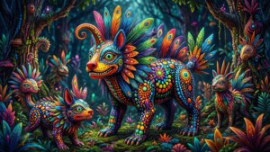色彩繽紛的神話生物，擁有羽毛鬃毛和圓點圖案，在發光的叢林中