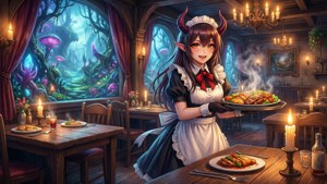 惡魔女侍應穿著女僕裝，在燭光下的鄉村酒館中提供熱騰騰的食物，魔法森林景色。