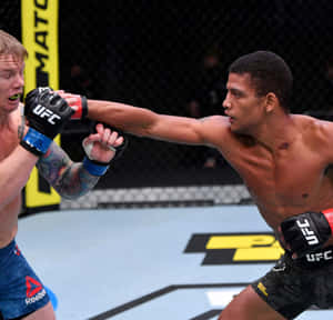 兩名男性MMA拳手在八角籠內進行激烈的UFC比賽。