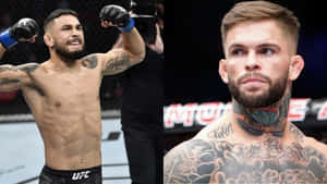 兩名有紋身的男性UFC拳手在八角籠中慶祝勝利