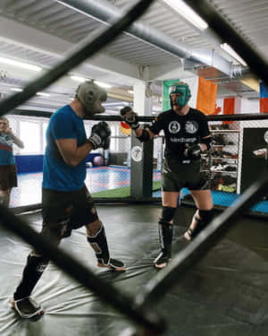 兩名穿著防護裝備的運動員在有圍欄的MMA訓練籠內對練。