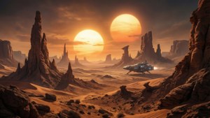 未來風格太空船飛越外星沙漠，兩顆太陽在岩石形成後落下