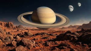紅色岩石外星景觀，天空中有一顆巨大的環狀行星和兩個月亮。