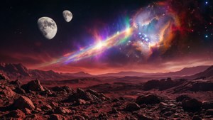 紅色外星沙漠，上方有兩個月亮和色彩繽紛的宇宙星雲