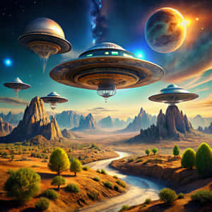 幾個飛碟在星空下，盤旋在沙漠峽谷上方，峽谷中有河流和遠山。