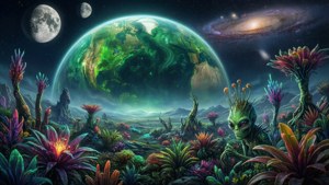 在巨大行星和螺旋星系下，發光外星植物中的外星生物