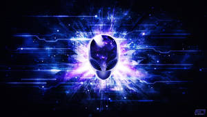 在數位太空場景中散發宇宙能量的發光外星人頭部。
