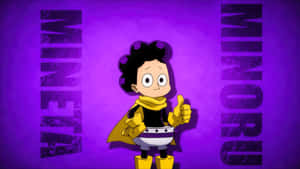 動漫角色Minoru穿著黃色斗篷和靴子，在紫色背景前豎起大拇指。