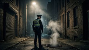 警察站在夜間霧氣瀰漫的小巷中，路燈下