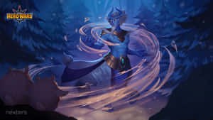 藍色有角戰士在雪森林中引導發光風魔法（夜晚）