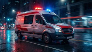 緊急救護車在雨夜城市中閃燈疾馳。