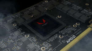 AMD Radeon 顯示卡特寫，帶有發光的紅色標誌和電路。