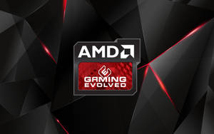 AMD Gaming Evolved 標誌在黑色幾何背景上，帶有紅色亮點。