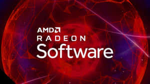 AMD Radeon Software 標誌在發光的紅色和紫色幾何球體背景上。