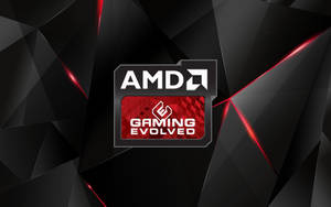 AMD Gaming Evolved 標誌在黑色幾何背景上，帶有紅色點綴。