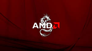 AMD標誌，在紅色紋理背景上展示白色龍和紅色方形。