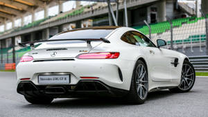 白色 Mercedes-AMG GT R 跑車在賽車場上，背景有看台。