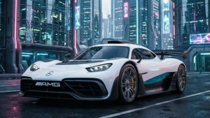 夜間在霓虹燈照亮濕漉漉的城市街道上的白色 Mercedes-AMG GT 跑車。