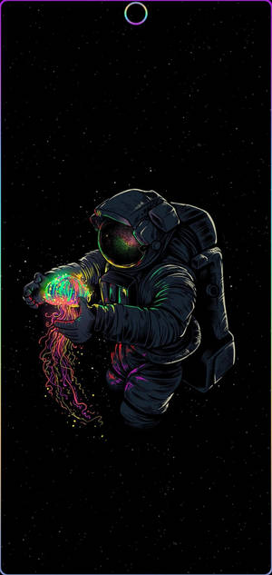 太空人漂浮在太空中，手持發光的霓虹水母。