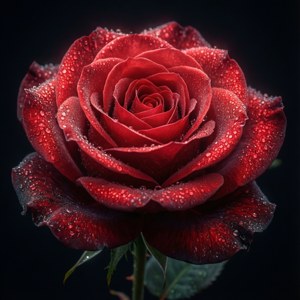 一朵深紅色的玫瑰，覆蓋著露珠，襯托黑色背景。 — Motorola Razr 2026 壁紙
