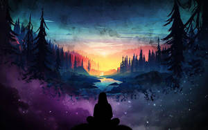一個人在黃昏的森林中冥想，背景是星空和發光的河流的剪影。
