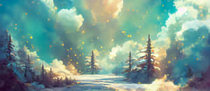 積雪森林小徑，發光天空和金色粒子