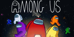 Among Us遊戲角色在太空中漂浮，伴有星星和標題文字。