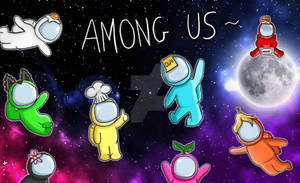 Among Us角色在月球和星星附近的太空中漂浮。 — 死亡空間 壁紙