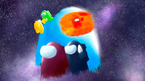 四個Among Us角色漂浮在色彩繽紛的太空星雲中，伴有星星。 — 太空美學 GIF 壁紙
