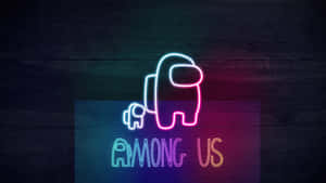 Among Us 角色在深色木牆上發光的霓虹燈牌。