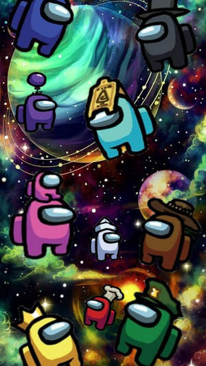 Among Us角色漂浮在色彩繽紛的太空場景中，有行星和星星。 — 太空美學 GIF 壁紙