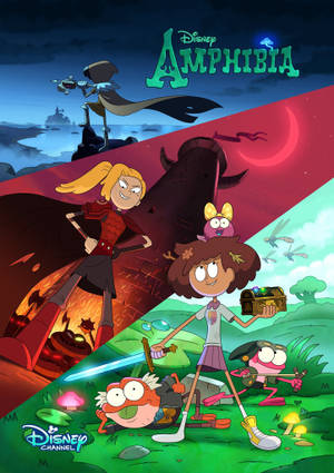 《Amphibia》角色在月亮下的熔岩和森林奇幻冒險場景中。 — OnePlus Pad 3 壁紙