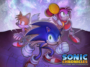 來自 Sonic Chronicles 的宇宙紫色遊戲場景中的 Sonic、Tails 和 Amy Rose。