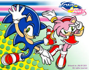 Sonic 和 Amy 帶著愉快表情在充滿活力的圖案背景上奔跑。