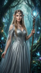 身穿銀色長袍的優雅精靈女王，在魔法森林中手持發光法杖，伴有蝴蝶。