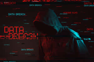 一個戴著兜帽的人站在數位螢幕前，螢幕上以紅色和藍色文字顯示「DATA BREACH」，並帶有故障效果。