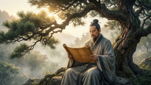 一位年長的亞洲學者在霧氣繚繞的山巒中，於日出時分在松樹下閱讀竹簡。