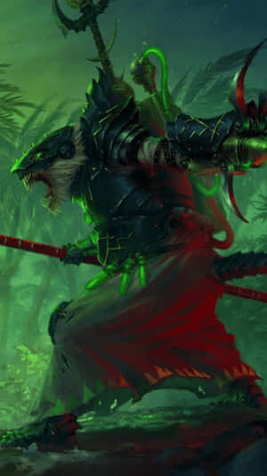 在黑暗叢林中揮舞發光武器的狼頭奇幻戰士。 — 全軍破敵 戰鎚 壁紙